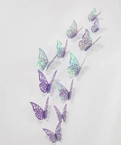 NEW 12 Pc Holographic Purple 3D Butterfly Hollow Floral Wings Posable Wall Decor - Furniture4Design
