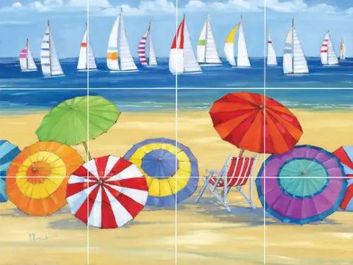 ocean view of sailboat regatta beach umbrellas ceramic tile mural backsplash - Furniture4Design