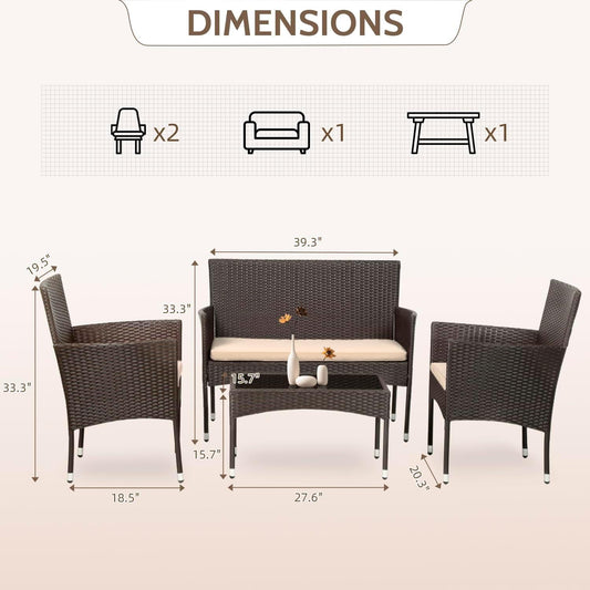 Outdoor Rattan Wicker Patio Furniture Set with Glass Top Table (Brown) - Furniture4Design