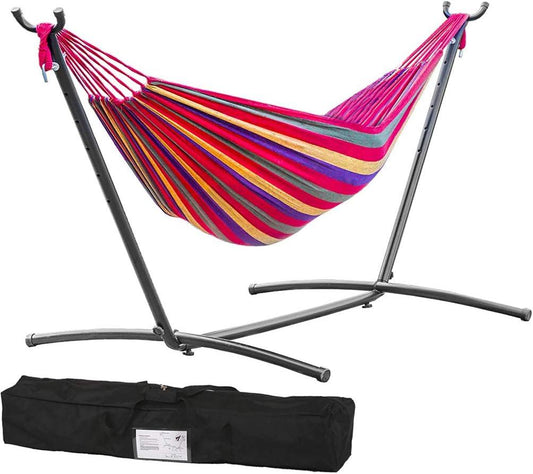 Portable Double Hammock Stand with Heavy Duty Steel Stand for Outdoor or Indoor (Red) - Furniture4Design