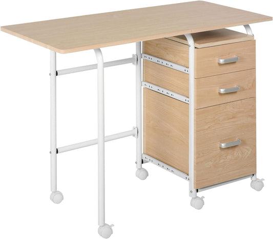 Portable Home Office Desk with Foldable Design, Storage Drawers, and 6 Wheels - Furniture4Design