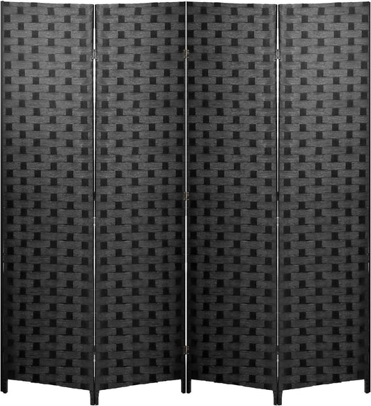 Room Divider 4 Panel Wood Mesh Woven Design Folding Screen in Black - Furniture4Design