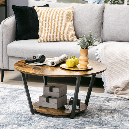 Round Coffee Table with Storage Shelf and Steel Frame, Industrial Rustic Brown - Furniture4Design