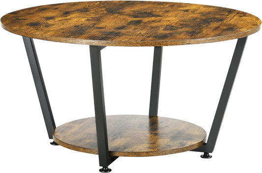 Round Coffee Table with Storage Shelf and Steel Frame, Industrial Rustic Brown - Furniture4Design