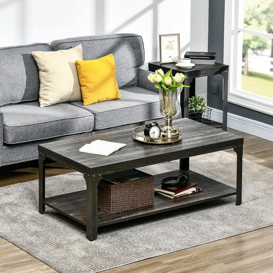 Rustic 2-Tier Coffee Table with Steel Frame and Storage Shelf, Dark Walnut - Furniture4Design