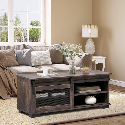 Rustic Farmhouse Coffee Table with Sliding Barn Door and Adjustable Shelf, Dark Brown - Furniture4Design