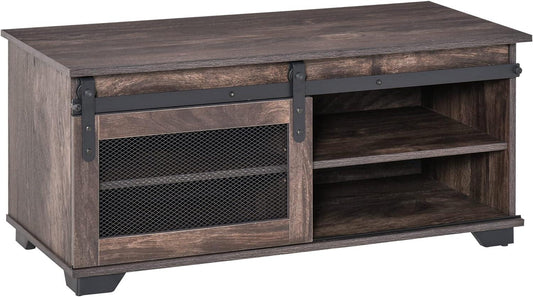 Rustic Farmhouse Coffee Table with Sliding Barn Door and Adjustable Shelf, Dark Brown - Furniture4Design