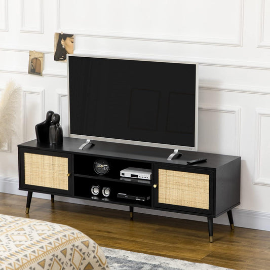 Rustic TV Stand with Rattan Doors and Cable Management - Furniture4Design