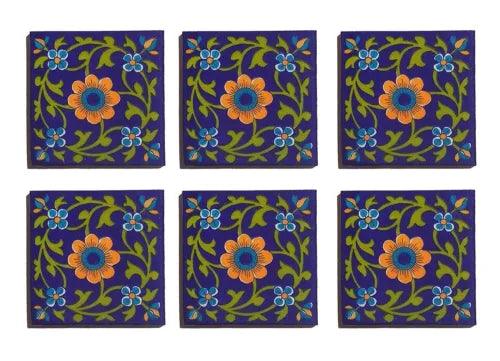 Set Of 6 Decorative Floral Wall Flooring Ceramic Tiles 4" x 4" Multicolor - Furniture4Design