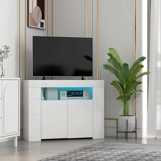 Space-Saving High Gloss White Corner TV Stand with LED Lights and Storage - Furniture4Design