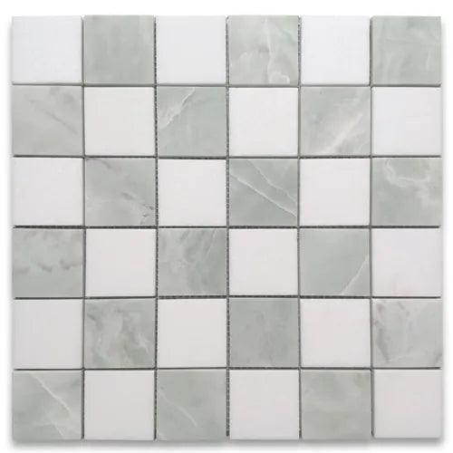 T252XH Thassos White Green Jade Marble 2x2 Checkerboard Mosaic Tile Honed - Furniture4Design