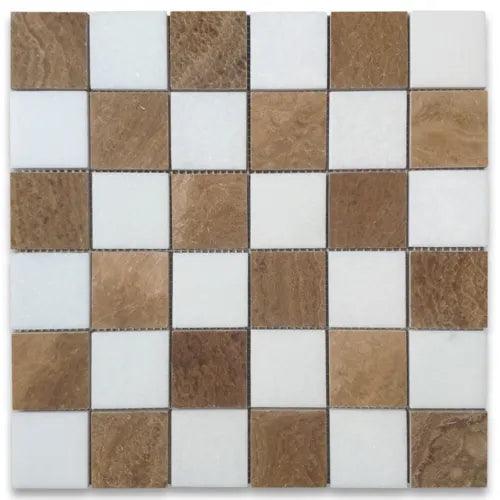 T258XP Thassos White Yellow Woodgrain Marble Checkerboard Square Mosaic Tile - Furniture4Design