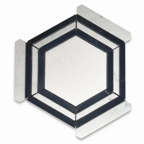 T35AXH White Thassos Marble Hexagon Nero Stripe Geometric Mosaic Tile Honed - Furniture4Design