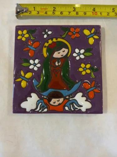 Talavera Tile 4x4 Mother Mary, Angel, Butterfly -Purple- - Furniture4Design