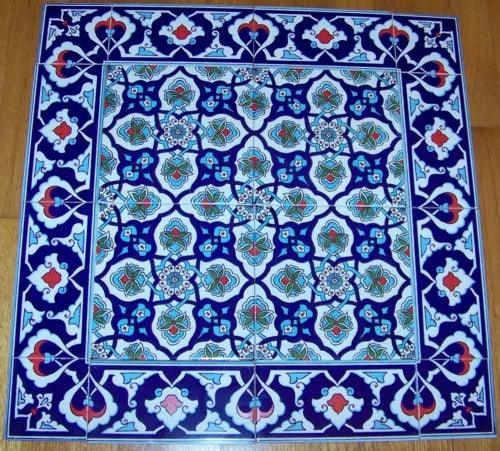 Turkish 24"x24" (60cmx60cm) Iznik Floral Pattern Ceramic Tile Mural Panel - Furniture4Design