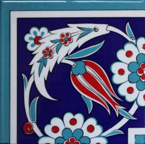 Turquiose, Red & Blue 8"x8" Turkish Iznik Floral Pattern Ceramic Tile Corner - Furniture4Design