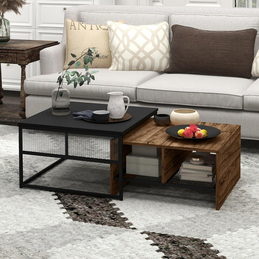 Two-Piece Industrial Rustic Brown Nesting Table Set with Storage Shelves - Furniture4Design