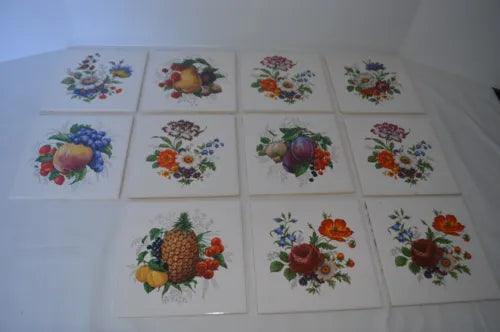 Vintage Kitchen Wall Tiles Fruits Floral Pattern Set of 11 Used Chips - Furniture4Design