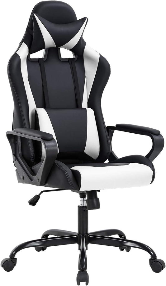 White Ergonomic High-Back Gaming Chair with Lumbar Support and Swivel Feature - Furniture4Design