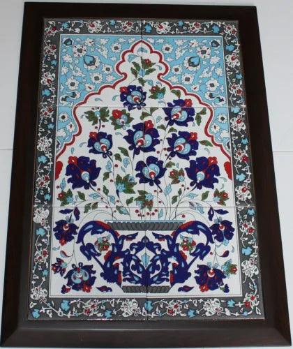 Wood Framed 19"x27" Turkish Handmade Iznik Floral Pattern Tile PANEL MURAL - Furniture4Design