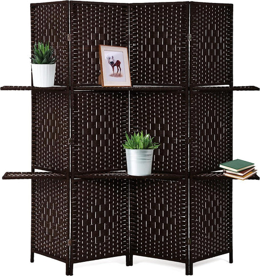 Wooden Folding 4 Panel Room Divider with Shelves, Brown - Furniture4Design