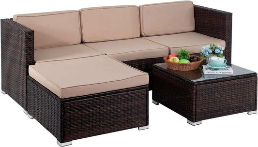 Khaki 5-Piece Outdoor Patio Furniture Set with Sectional Sofa and Coffee Table - Furniture4Design