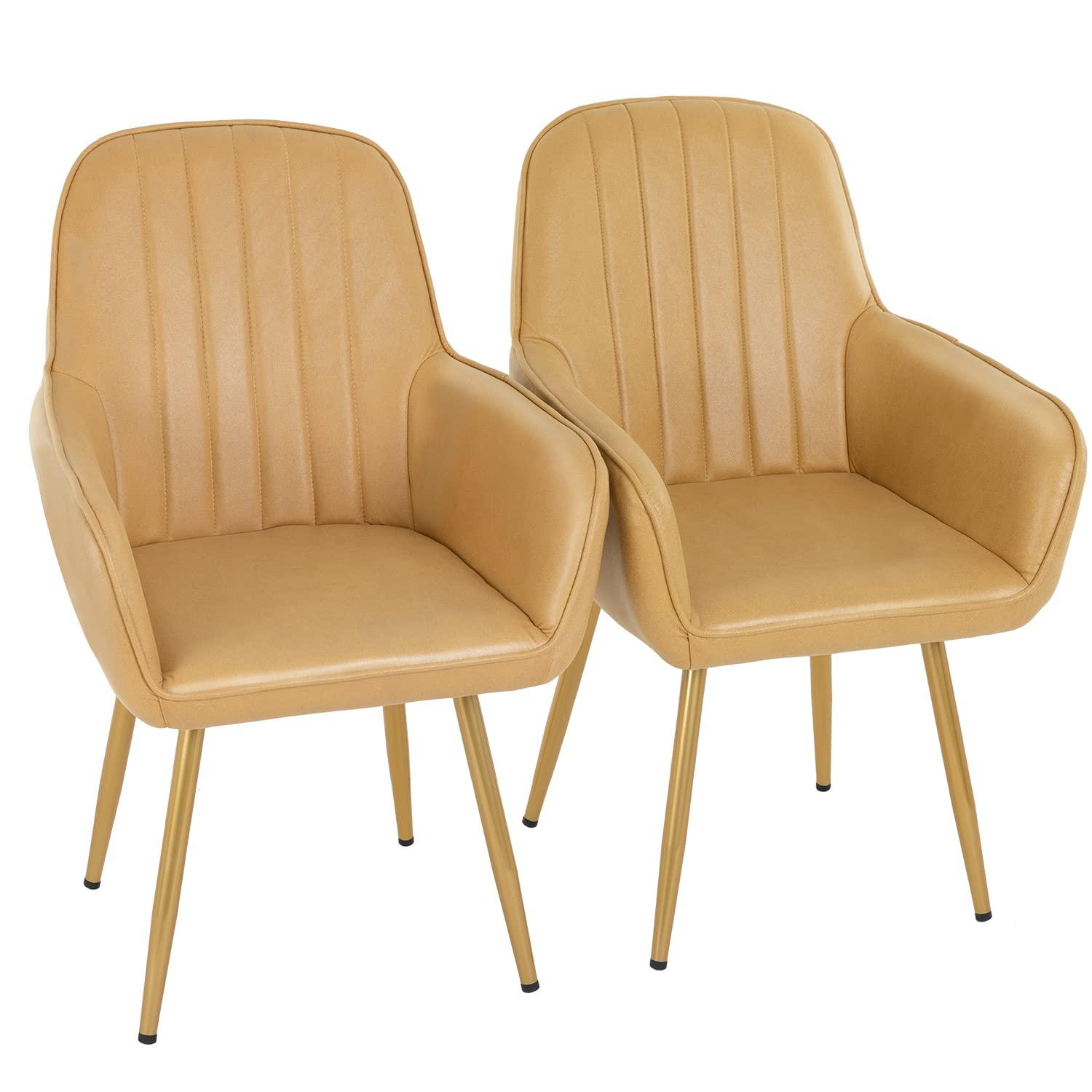 Set of 2 Yellow Faux Leather Arm Chairs with Metal Legs - Furniture4Design