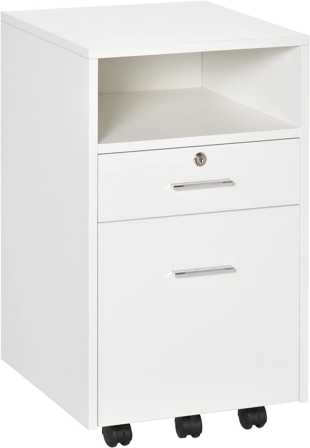 2 Drawer Filing Cabinet with Lock, Vertical File Cabinet with Wheels, Mobile Office Cabinet for A4, Letter Size, White - Furniture4Design