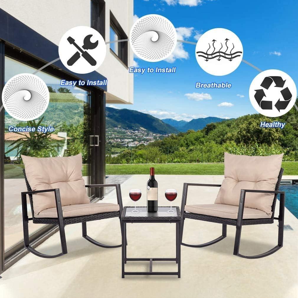3-Piece Outdoor Patio Rocking Bistro Rattan Chair Set with Coffee Table, Black - Furniture4Design