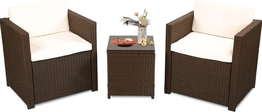 3-Piece Wicker Patio Furniture Set with Cushioned Chairs and Glass Table - Furniture4Design