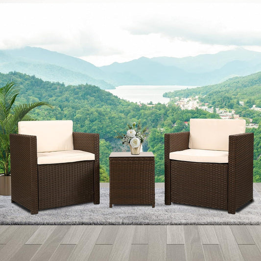 3-Piece Wicker Patio Furniture Set with Cushioned Chairs and Glass Table - Furniture4Design
