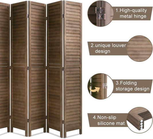 6 Panel Wooden Folding Room Divider for Home and Office - Brown - Furniture4Design