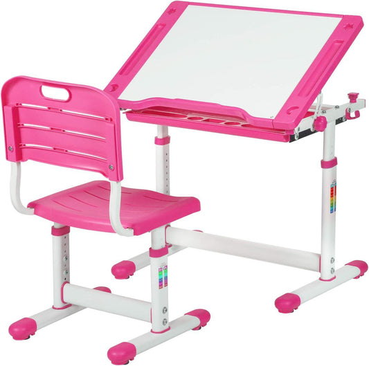 Adjustable Height Children's Desk and Chair Set with Storage, Pink - Furniture4Design
