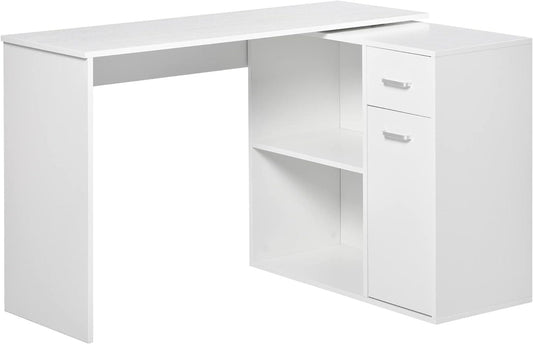 Corner L Shaped Desk with Storage Cabinet and Shelf, for Home Office, White - Furniture4Design