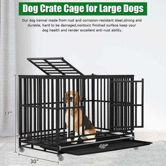 Durable Double-Door Heavy Duty Dog Crate for Large Dogs with Lockable Wheels - Furniture4Design