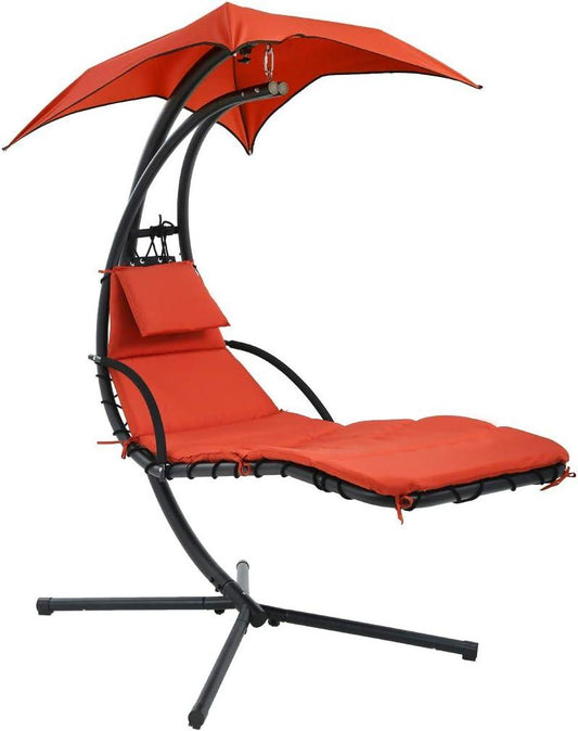 Hanging Chaise Lounger Chair with Removable Canopy and Built-in Pillow (Orange) - Furniture4Design