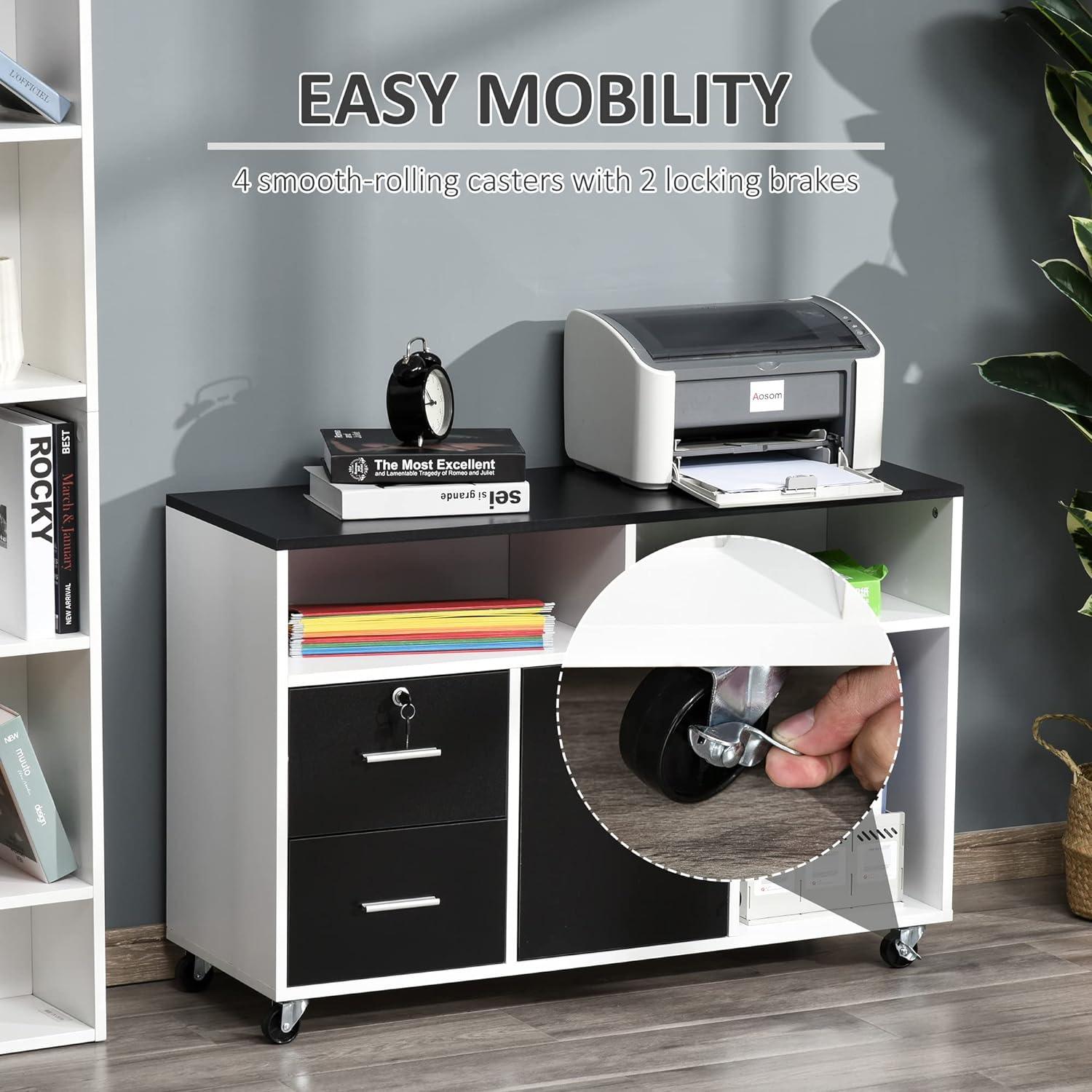 Home Office Lateral Filing Cabinet and Printer Stand with Lockable Drawer and Wheels - Furniture4Design