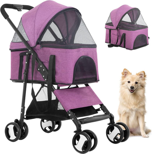 Luxury 3-in-1 Pet Stroller with Detachable Carrier for Medium and Small Dogs and Cats (Purple, 4 Wheels) - Furniture4Design
