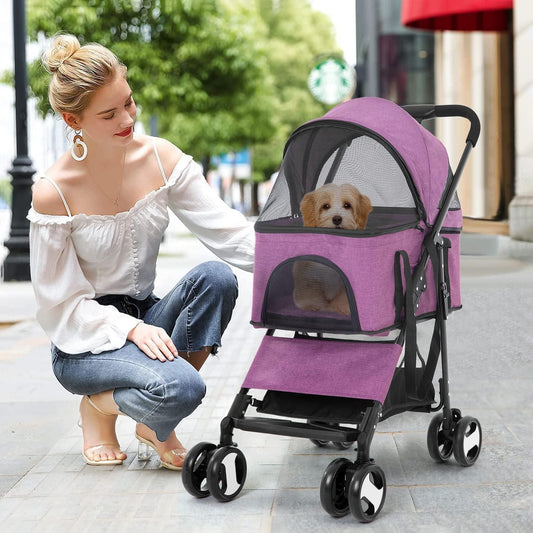 Luxury 3-in-1 Pet Stroller with Detachable Carrier for Medium and Small Dogs and Cats (Purple, 4 Wheels) - Furniture4Design