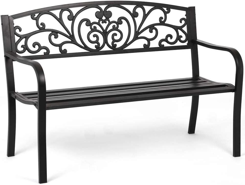Metal Outdoor Garden Bench with Rust-Resistant Finish and Decorative Vine Embellishments - Furniture4Design