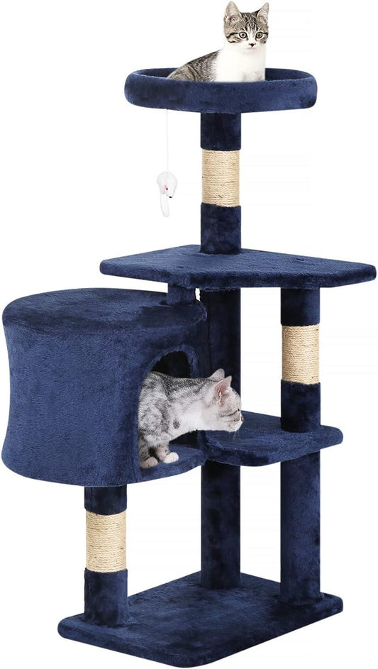 Navy Blue Multi-Level Cat Tree Tower with Scratching Posts and Condo for Indoor Cats - Furniture4Design