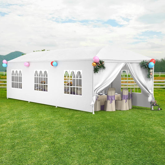 Outdoor Event Shelter 30'x10' White Gazebo Canopy with 8 Removable Window Side Walls - Furniture4Design
