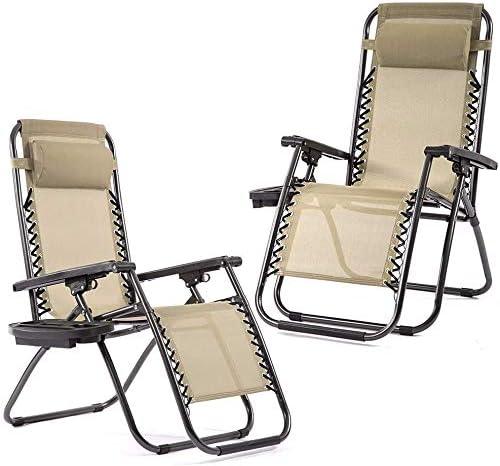 Outdoor Reclining Zero Gravity Chair Set of 2 with Pillow and Cup Holder (Tan) - Furniture4Design