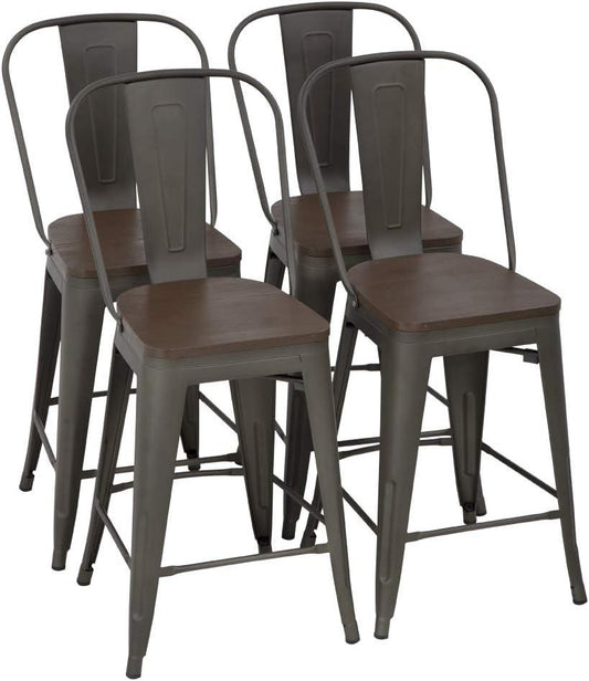 Set of 4 Industrial Metal Bar Stools with Wood Seats - Furniture4Design