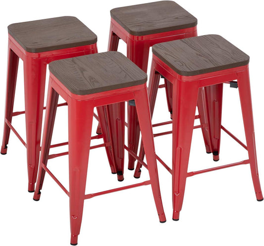 Stackable Metal Barstools Set of 4 with Wood Seat - Red - Furniture4Design