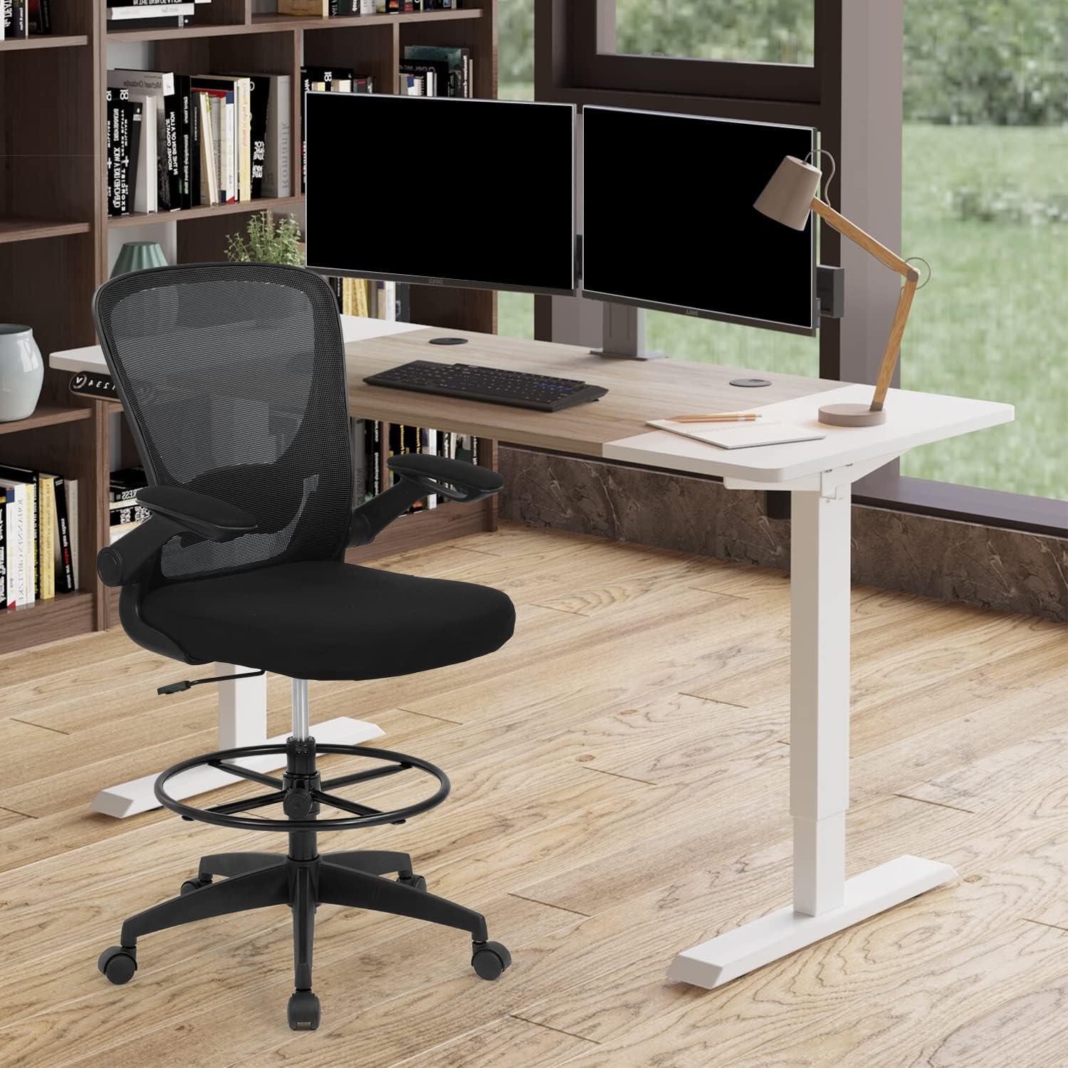 Standing Desk Chair with Adjustable Foot Ring and Flip-up Armrests (Black) - Furniture4Design