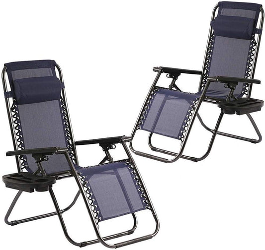Ultimate Relaxation Zero Gravity Chairs Set of 2 with Pillow and Cup Holder in Blue - Furniture4Design