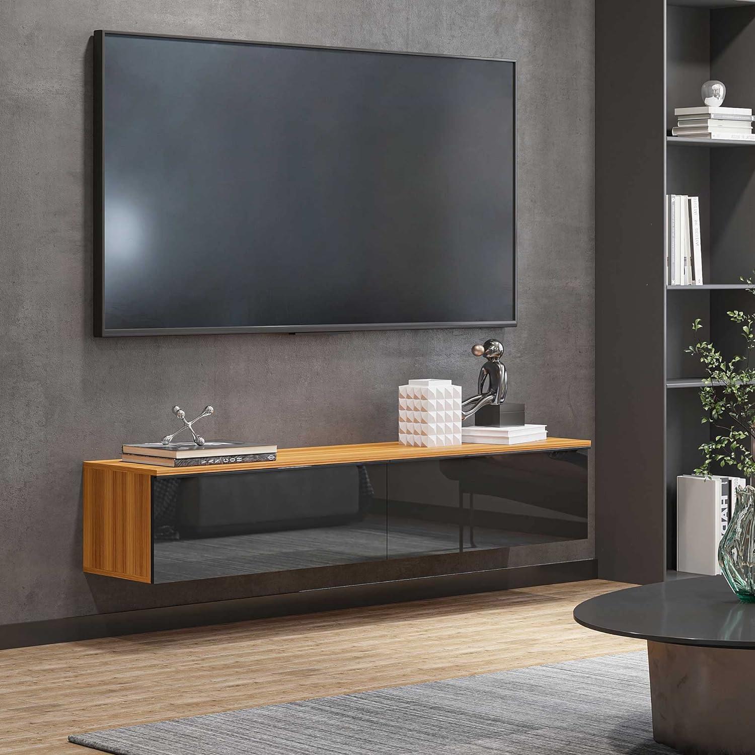 Wall-Mounted High Gloss Floating TV Stand Cabinet with Storage, Brown and Black, Fits TVs up to 70 - Furniture4Design